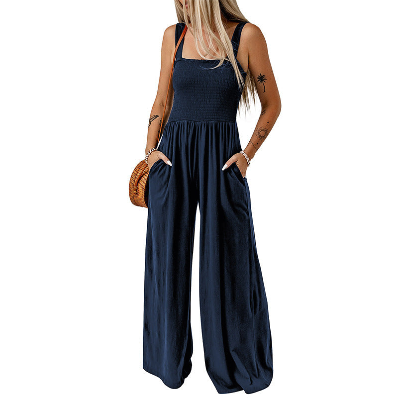 Summer Square Neck High Waist Jumpsuit Women's Backless Pleated