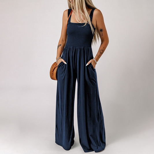 Summer Square Neck High Waist Jumpsuit Women's Backless Pleated