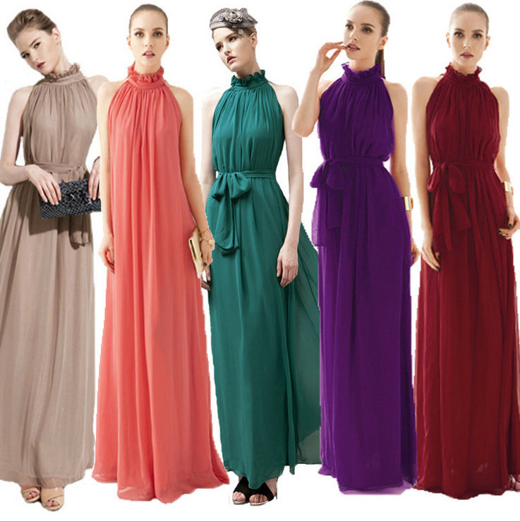 Bohemian Halter Stand Collar Chiffon Sleeveless Maxi Dress