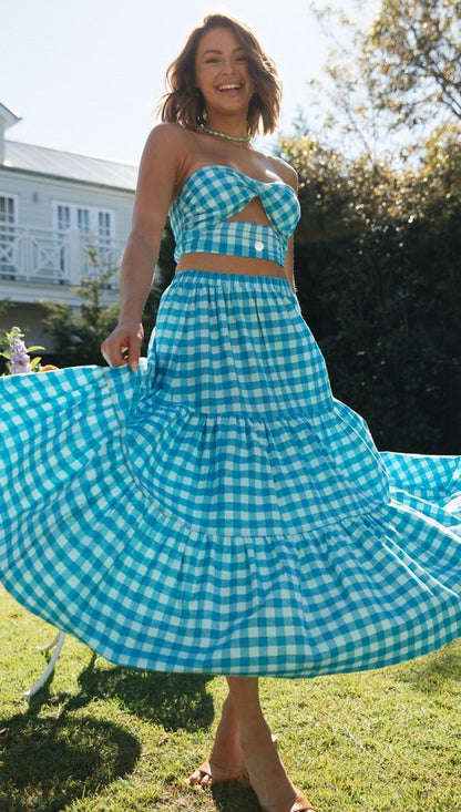 Sommerliches Wickel- und Swing-Kariertes Kleid-Set