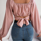 Leisure Lantern Sleeve Lace-up Waist Chiffon Shirt Midriff-baring Top