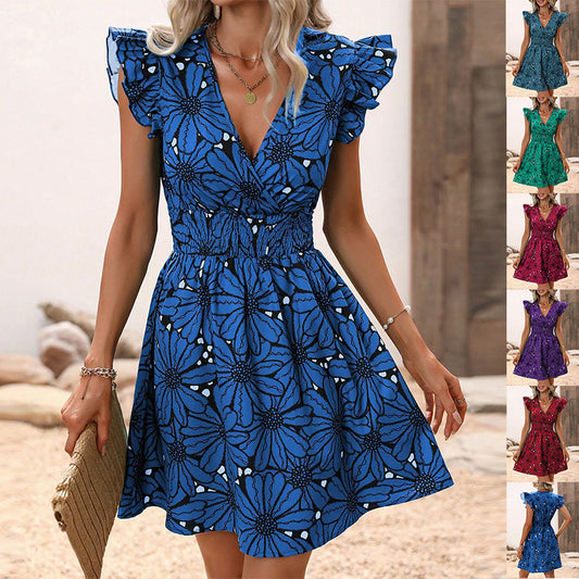 New Flowers Print Ruffled Sleeveless Dress