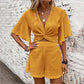 V-neck Ruffle Sleeve Short-sleeved Top And Shorts Summer Two-piece Set