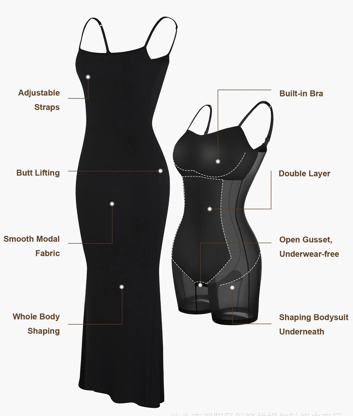 Damen-Shapewear-Kleid, Overall, Bauchdeckenstraffung, Lift-Korsett, offener Schritt, Hosenträger, enger langer Rock, Brustpolster, Bodysuit-Kleid