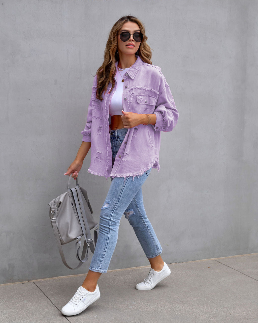 Fashion Ripped Shirt Jacket Female Autumn And Spring Casual Tops