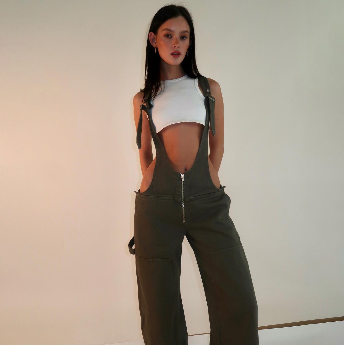 Zipper Denim Suspender Pants