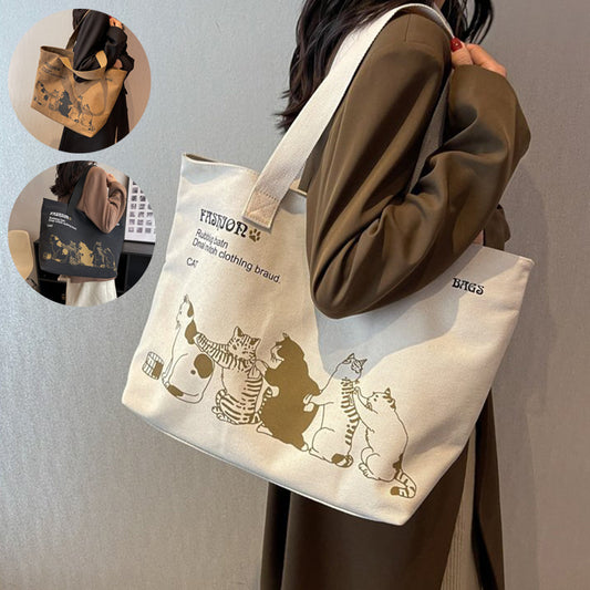 Cat Printed Canvas Bag Large Capacity Fashion Shopping Shoulder Bag