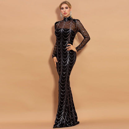 Sequins Maxi Dress Long Sleeve Female Party Dresses