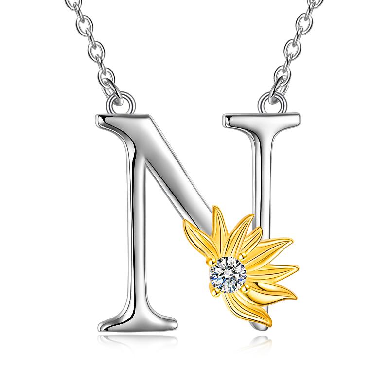 Halskette mit Namensanhänger mit Initialen-Alphabet, Sonnenblume, A-Buchstabe aus Sterlingsilber