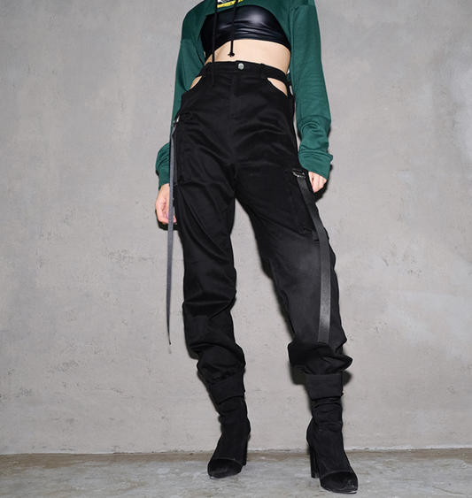 Women Black High Waist Pencil Pants Pockets Patckwork Hollow Out Pants Fashion Women Streetwear Cargo Pants Women Pants