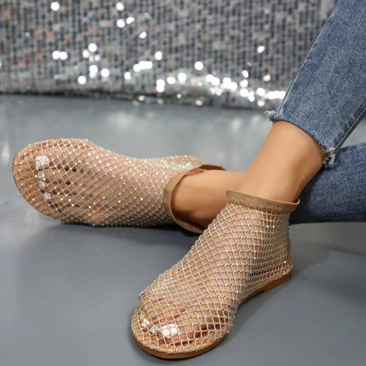 Nuovi sandali piatti cavi con design strass Scarpe estive con punta tonda per le donne