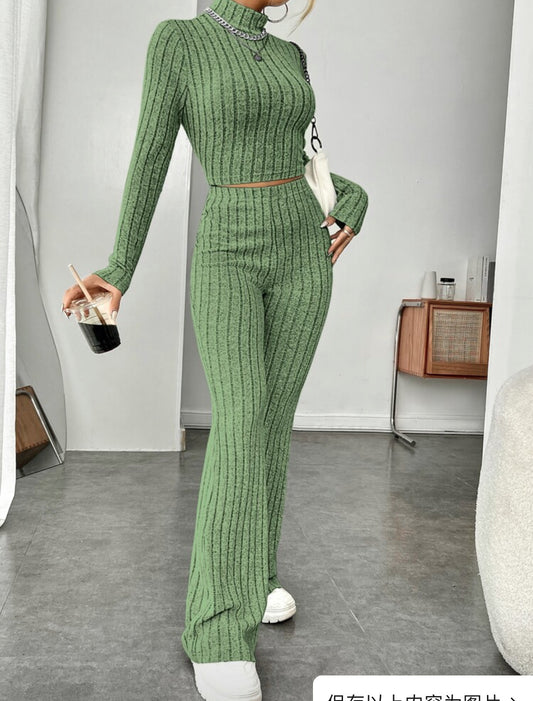 Long Sleeve Turtlenecks Wide Leg High Waist Trousers Suit