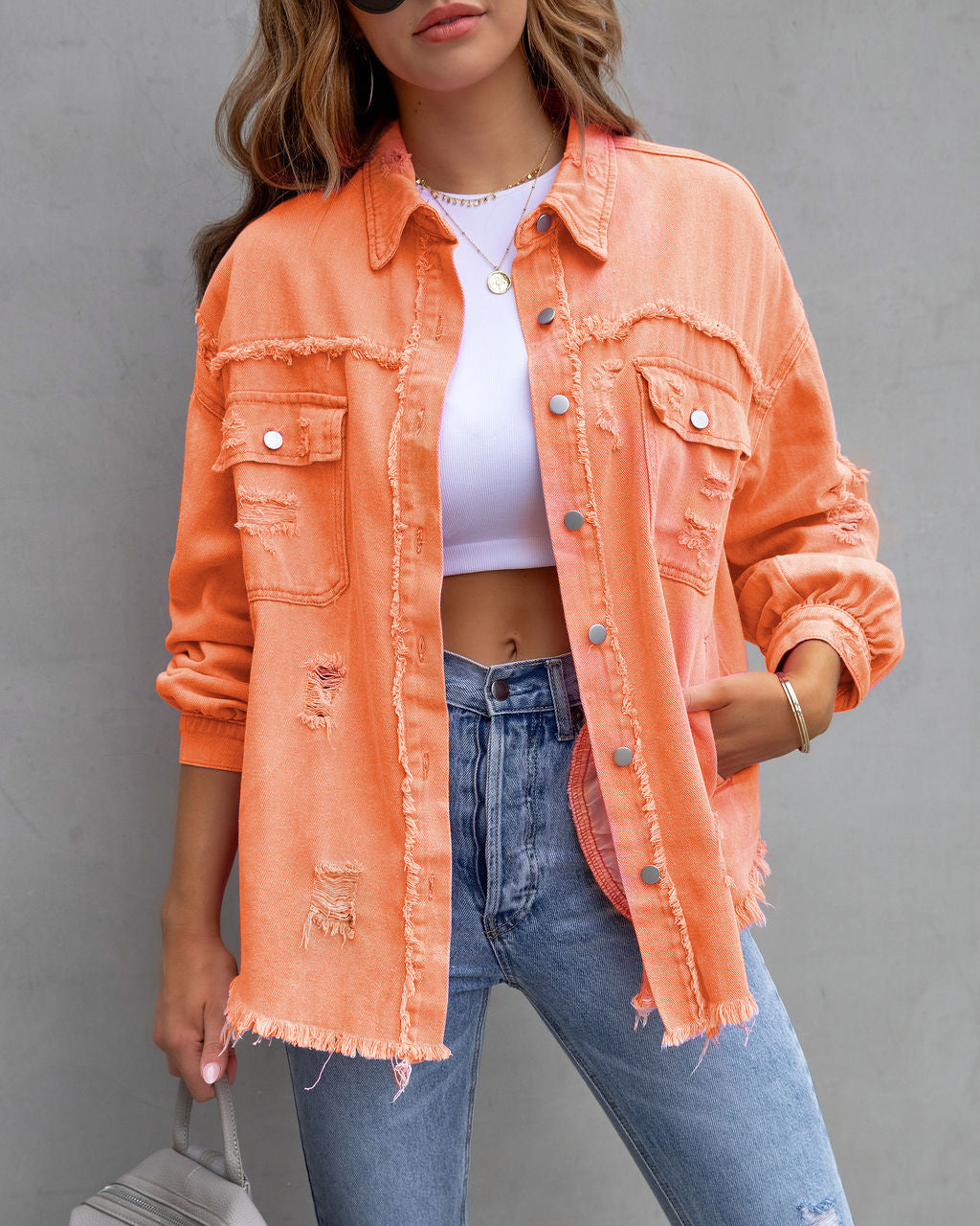 Fashion Ripped Shirt Jacket Female Autumn And Spring Casual Tops