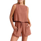 Linen Summer Sleeveless Tops And Drawstring Shorts Suit 2pcs