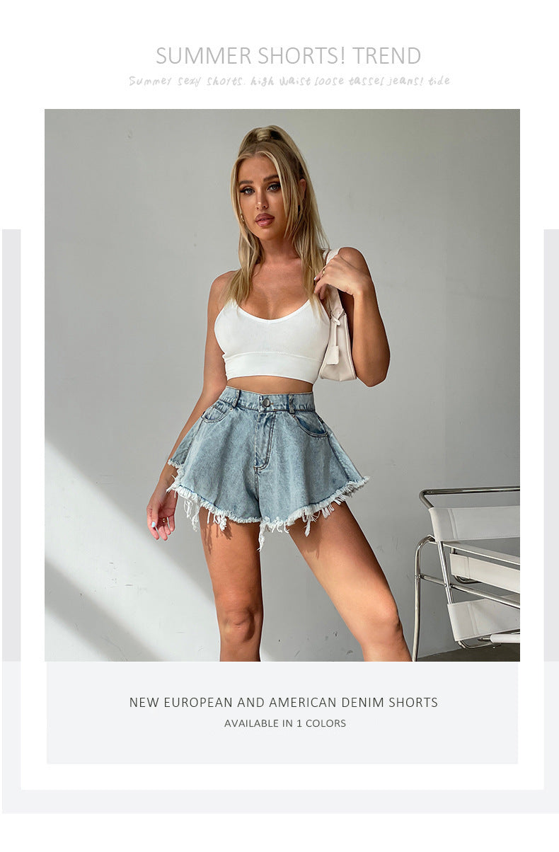 Locker sitzende Jeansshorts mit hoher Taille und Quaste für Damen