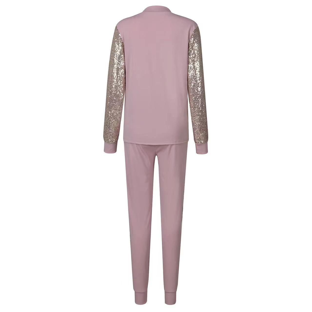 Women's Love Sequined Turtleneck Top And Trousers Casual Suit