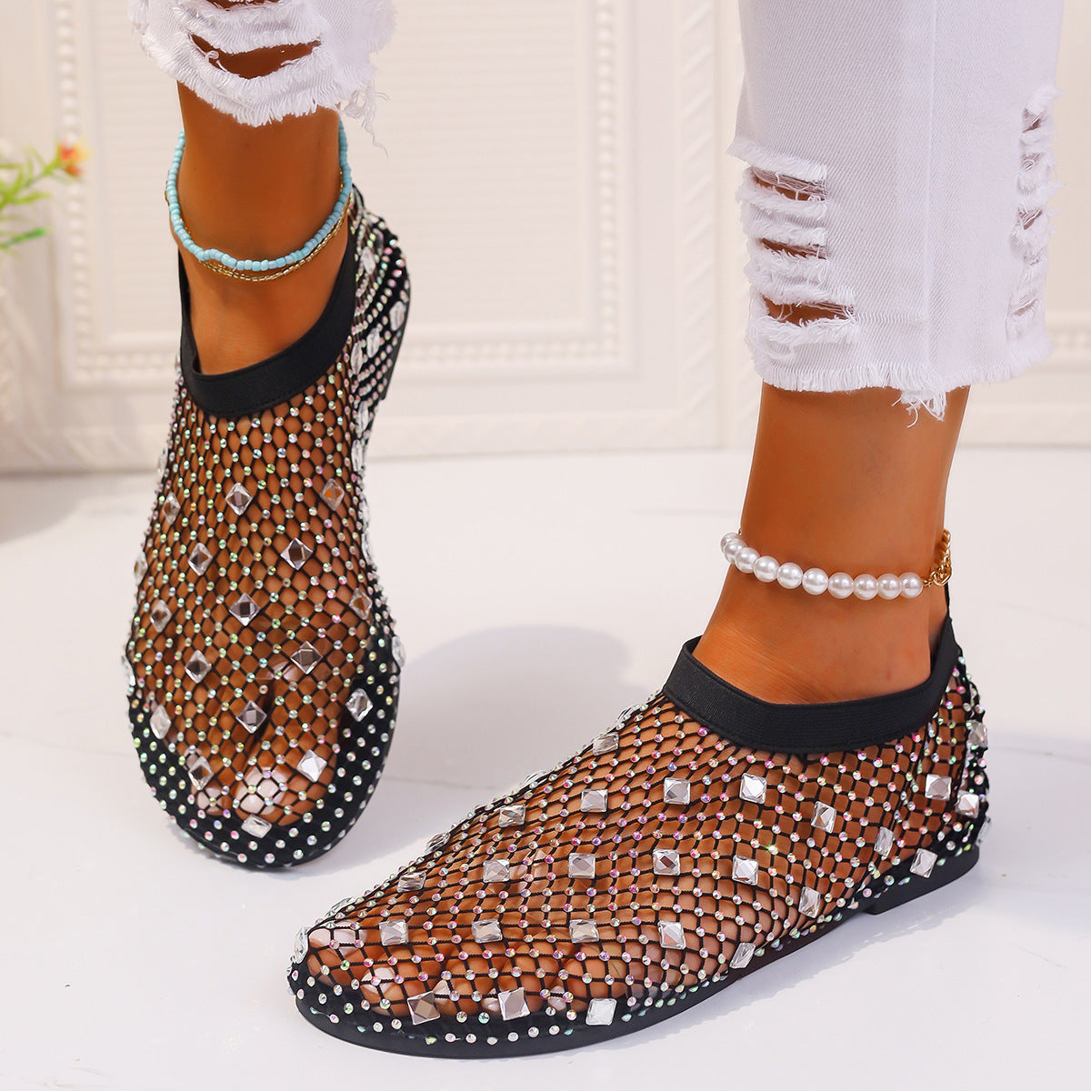 Fashion Mesh Flat Sandals With Colorful Rhinestone Design