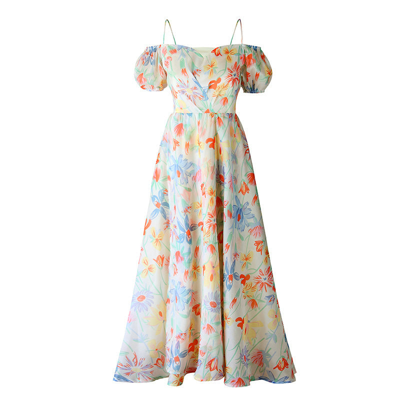 Off Shoulder Floral Printed Chiffon Maxi Dress