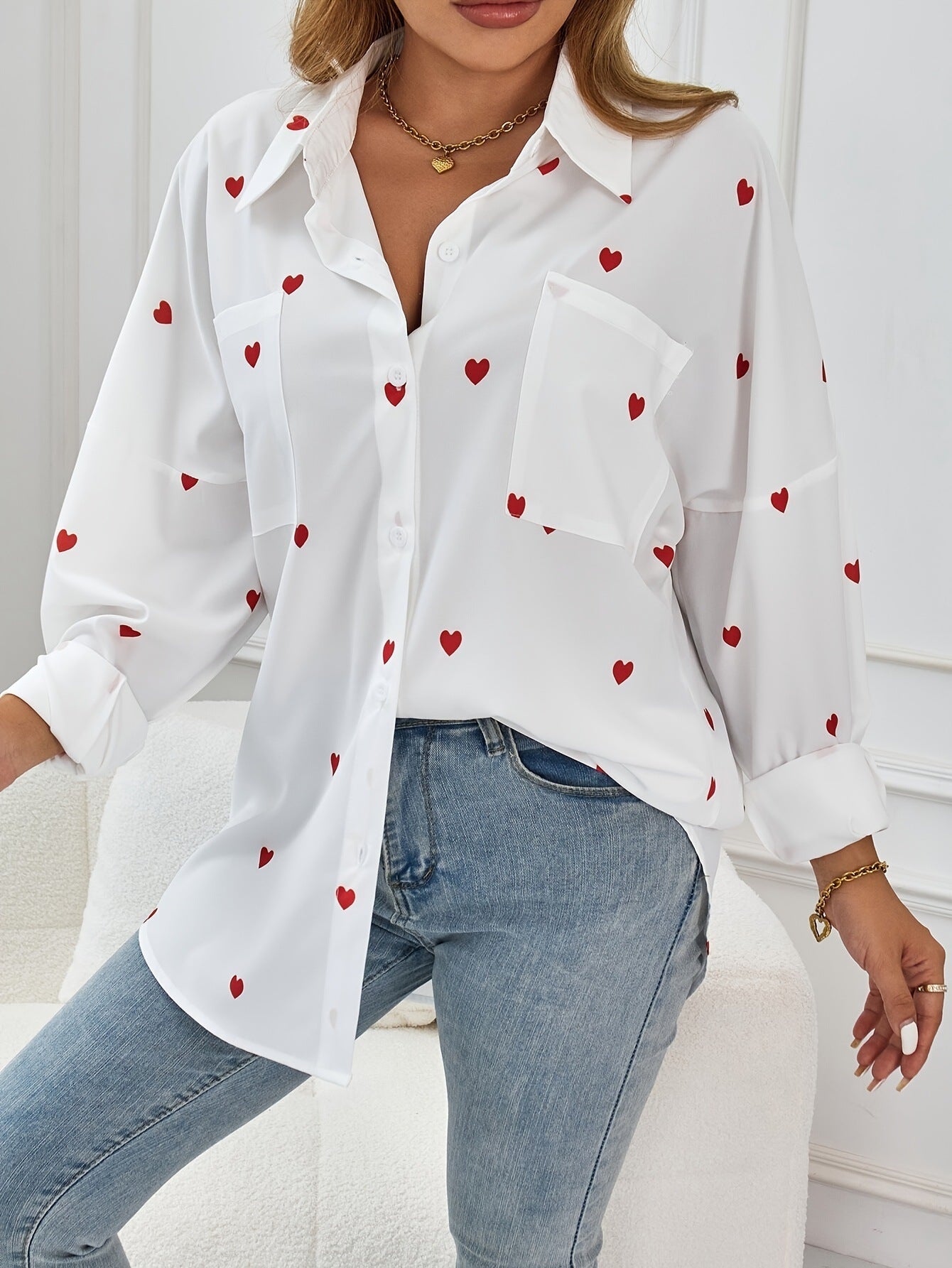 Camicia allentata Love stampata casual da donna esterna