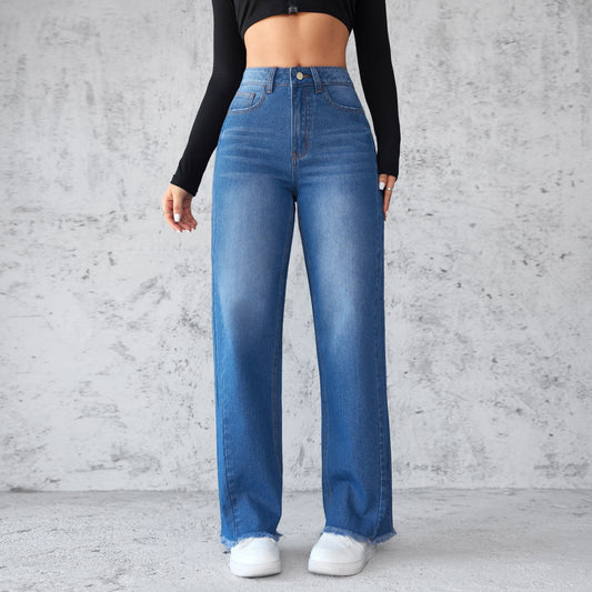 Fashion Straight Wide Leg Jeans Casual High Waist Non Elastic Women's