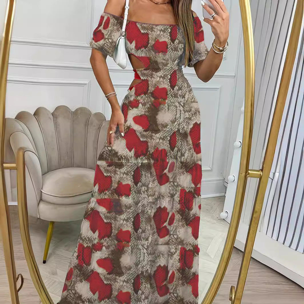 Printed One-line Collar Short-sleeved Long Dress With Hollow Waist Design