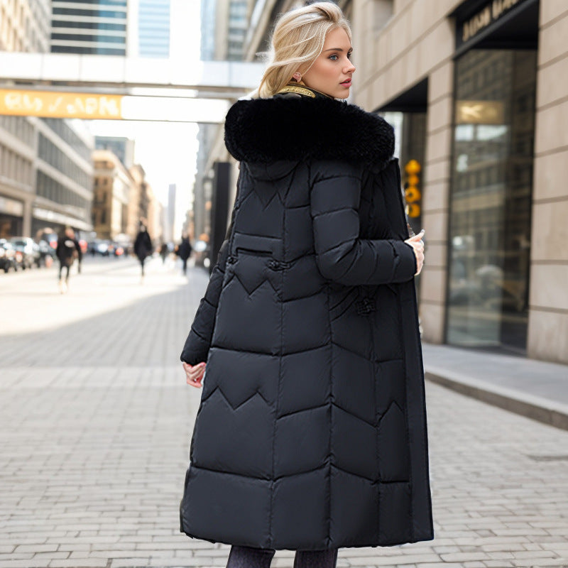 Winter Long Coat With Thickened Fur Collar Straight Slim Cotton-padded Jacket