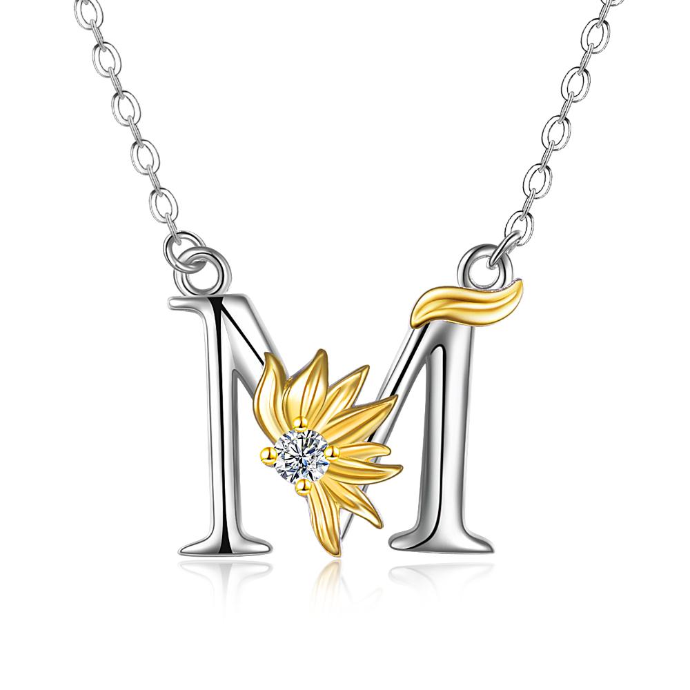 Halskette mit Namensanhänger mit Initialen-Alphabet, Sonnenblume, A-Buchstabe aus Sterlingsilber