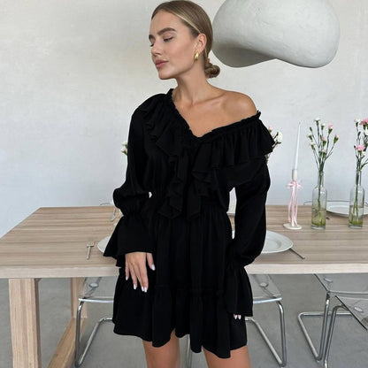 Fashion V Neck Pleated Ruffle Long Sleeve Dress Y2K