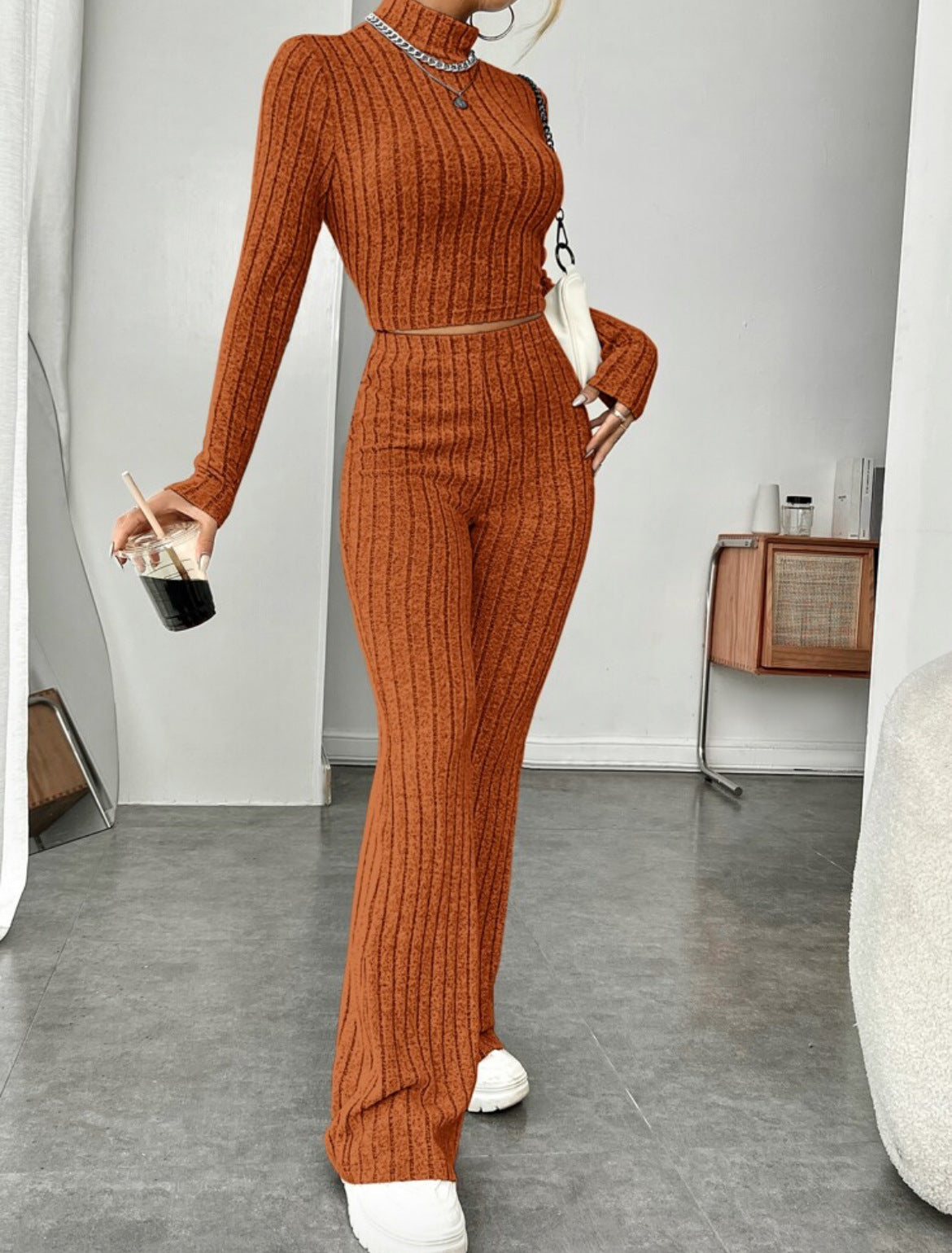 Long Sleeve Turtlenecks Wide Leg High Waist Trousers Suit