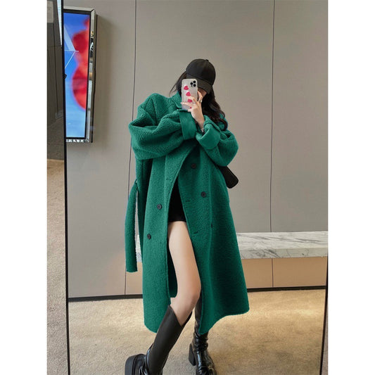 Autumn And Winter Fur Integrated Lamb Wool Medium Length Thickened Blue Coat