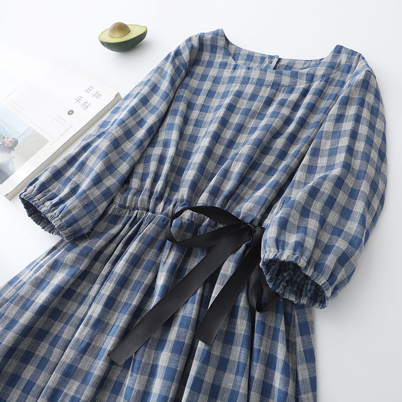 Mori Style Half Sleeve Elegant Cotton And Linen Vintage Artistic Plaid Dress