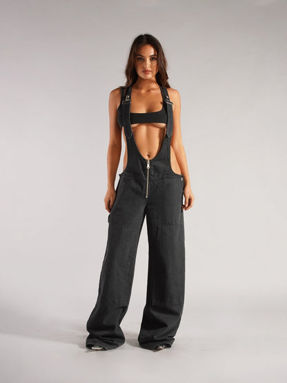 Zipper Denim Suspender Pants