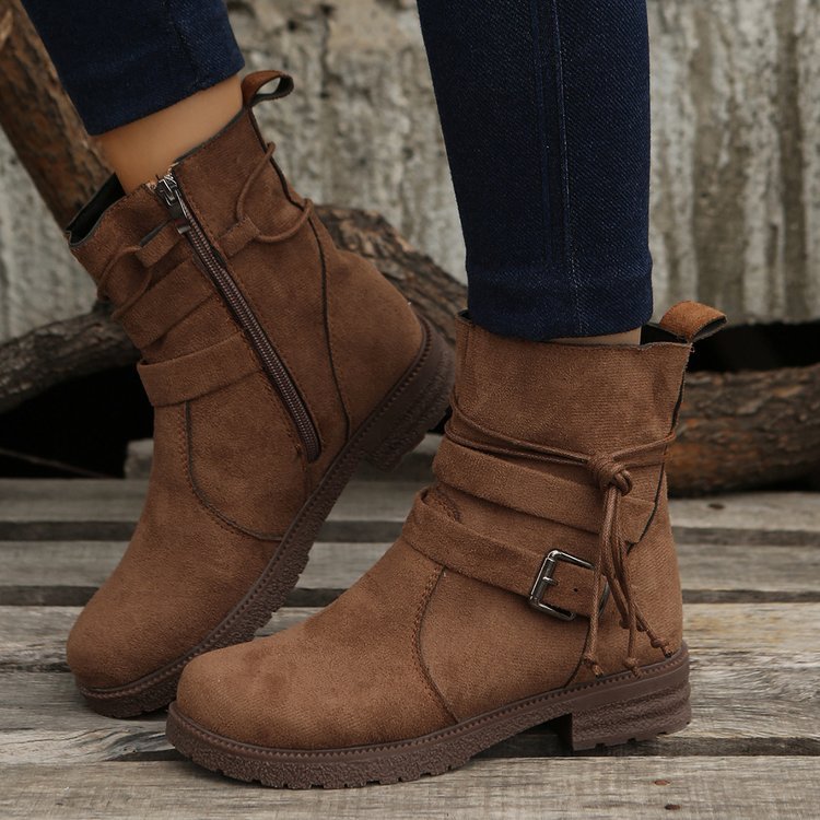 Round Toe Buckle Shoes Casual Retro Boots With Side Zipper Low Heel Outdoor Non Slip Ankle Boots For Women