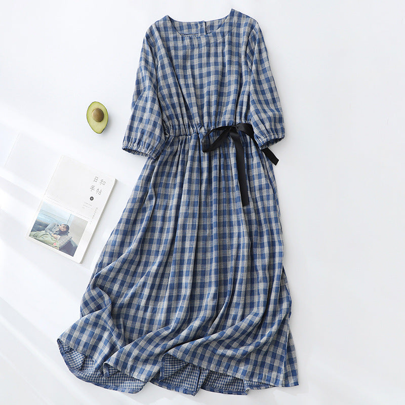 Mori Style Half Sleeve Elegant Cotton And Linen Vintage Artistic Plaid Dress