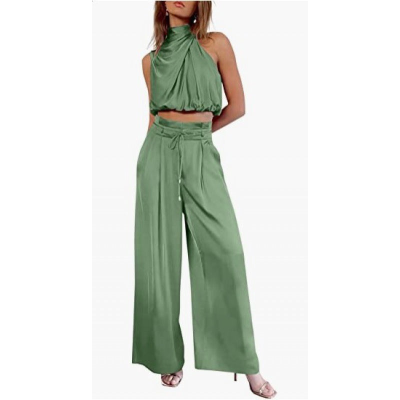 Summer Suits Casual Sleeveless Midriff-baring Top And Wide Leg Pants 2pcs Set