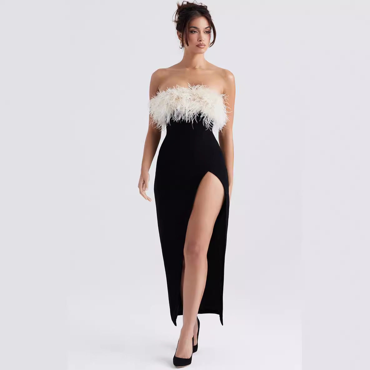 Off-shoulder Contrast Color Ostrich Hair Tube Top High Slit Bandage One-piece Dress