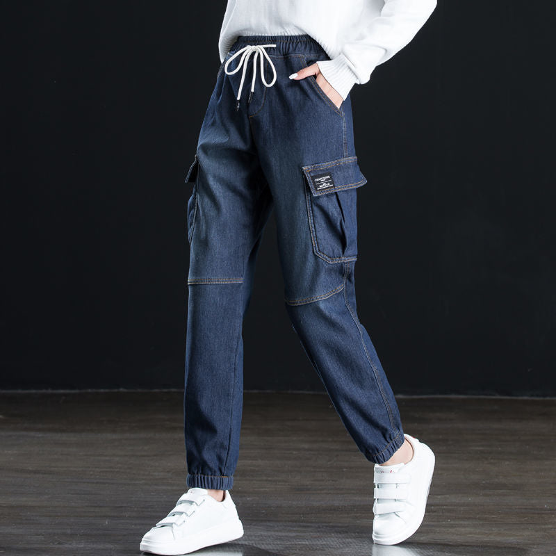 Women's loose high waist belted cargo jeans