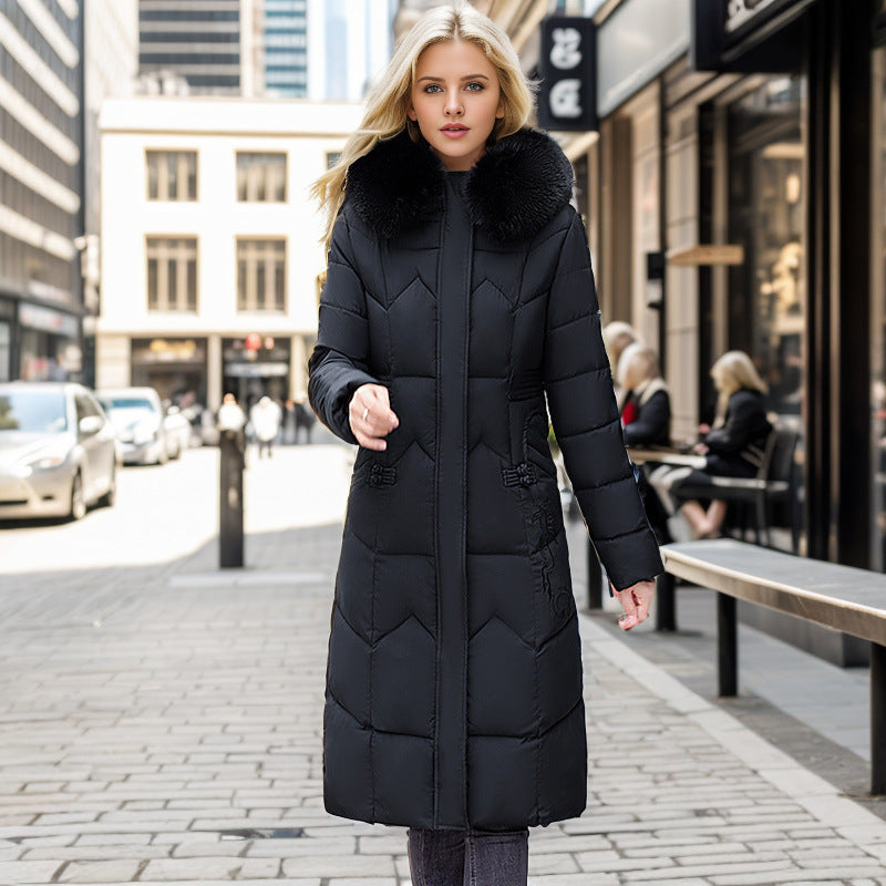 Winter Long Coat With Thickened Fur Collar Straight Slim Cotton-padded Jacket