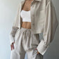 Solid Color Long Sleeve Short Casual Shirt Drawstring Pants Suit