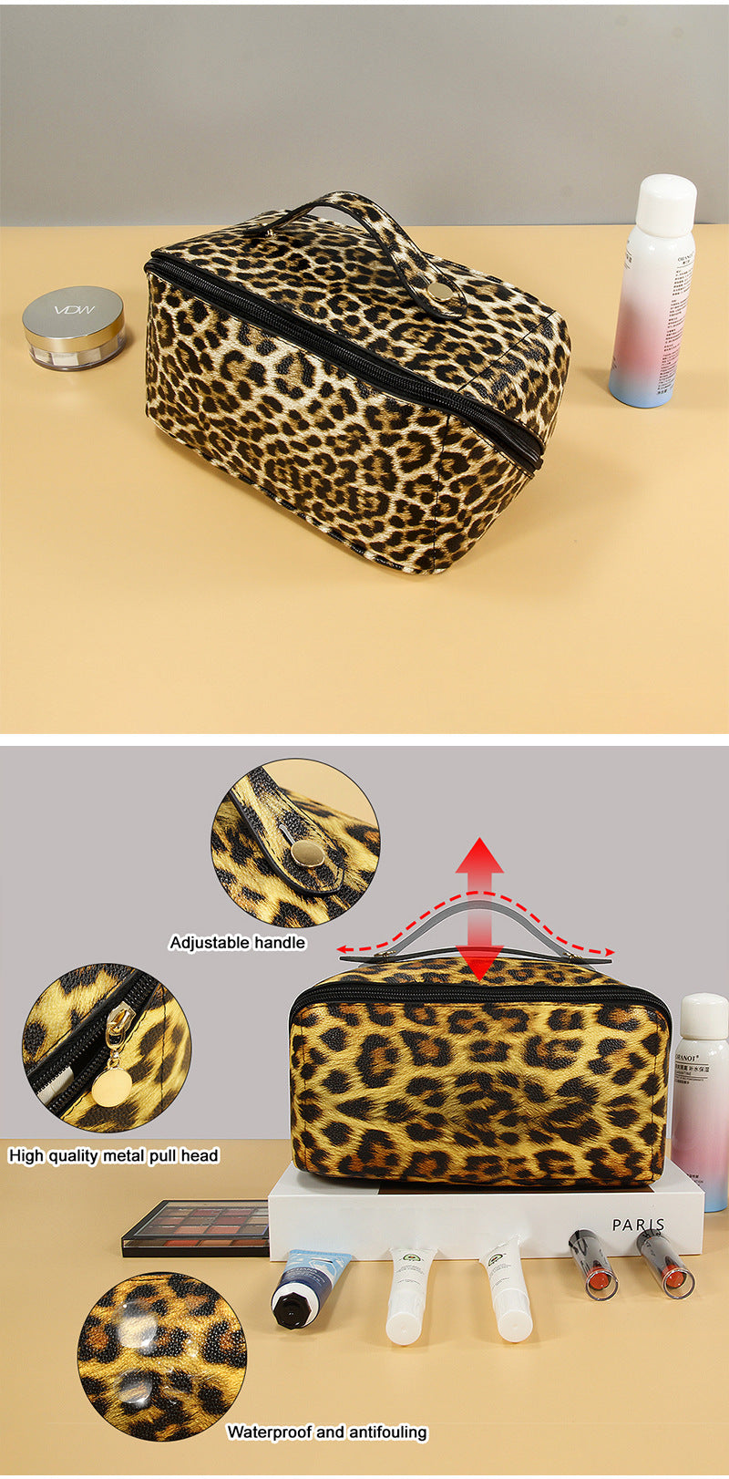 Borsa porta trucchi in pelle PU leopardata da donna, grande capacità, multifunzionale