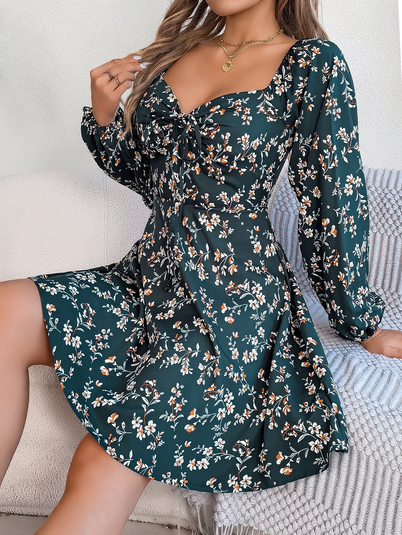 Fashion Floral Print Lantern Sleeve Dress