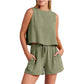 Linen Summer Sleeveless Tops And Drawstring Shorts Suit 2pcs