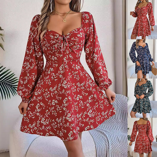 Fashion Floral Print Lantern Sleeve Dress