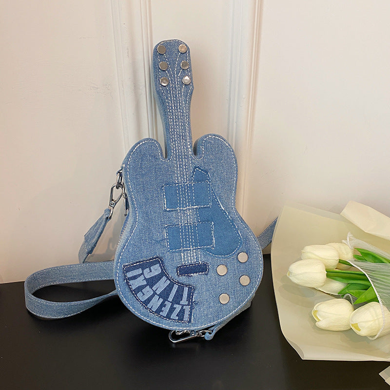 Borsa a tracolla a tracolla a forma di chitarra in denim alla moda creativa da donna