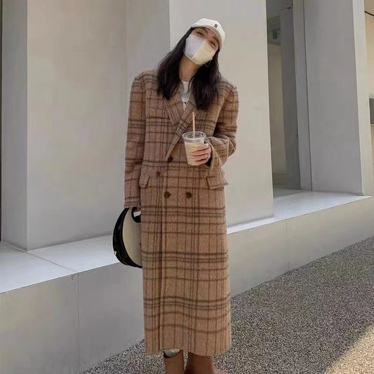 Checked Double-sided Wool Coat For Women Long Knee-length Autumn And Winter