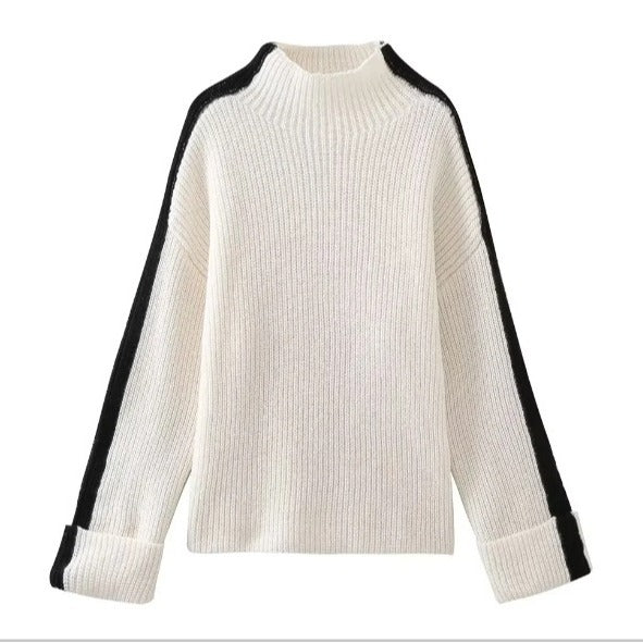 Women's Fashion Casual Turtleneck Patchwork Stripes Sweater