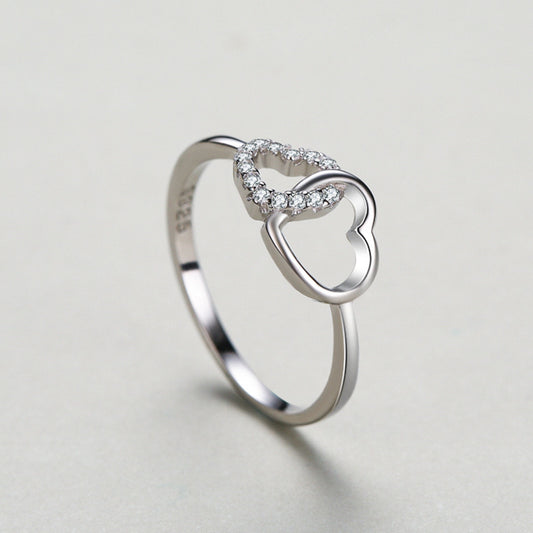 Anello in argento sterling S925 con doppio cuore a forma di cuore da donna giapponese e coreana semplice