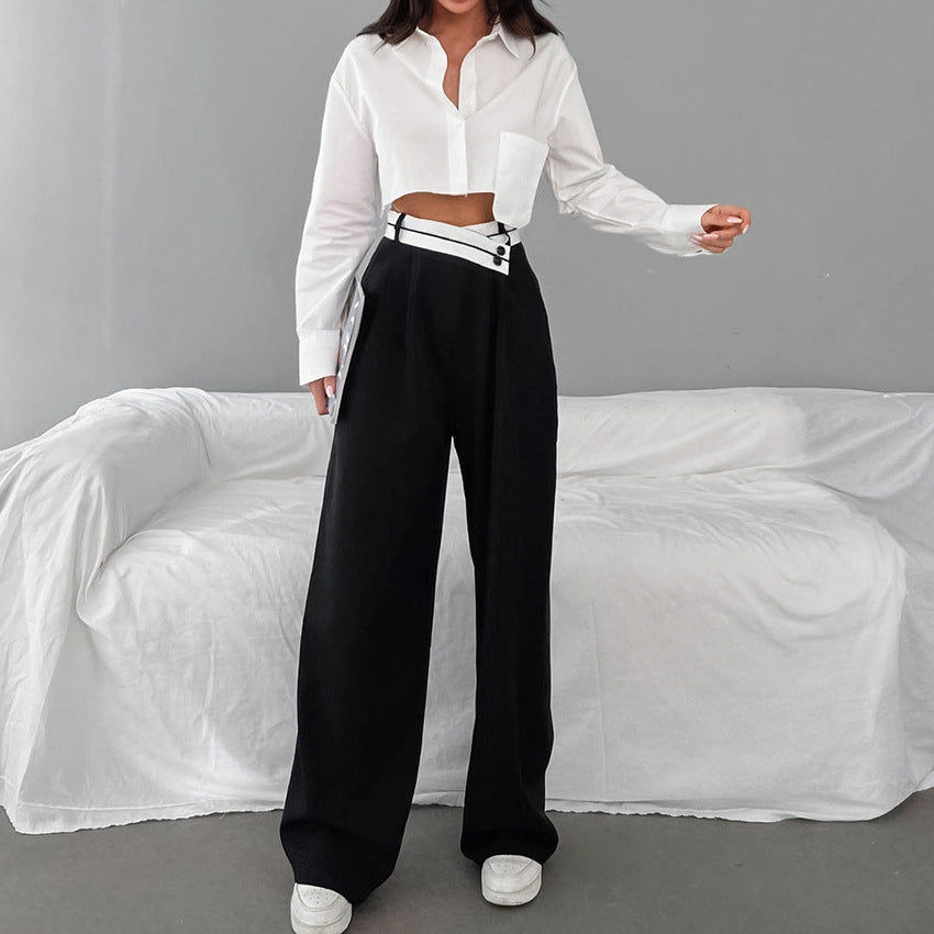 Commuter Color Suit Pants, Casual Drape Mop Pants Wide Leg Pants