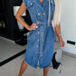 Casual Polo Collar Sleeveless Clinch Open Chest Waist-controlled Lace-up Denim Dress