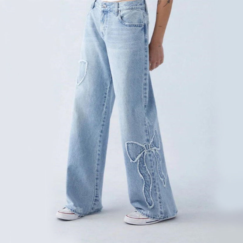 Straight Trousers Embroidered Side Frayed Butterfly Jeans Baggy Pants